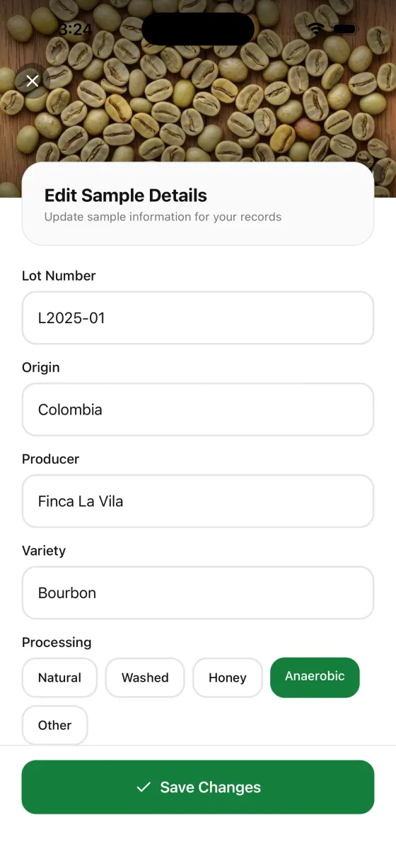 BeanGrader camera screen for capturing coffee bean samples