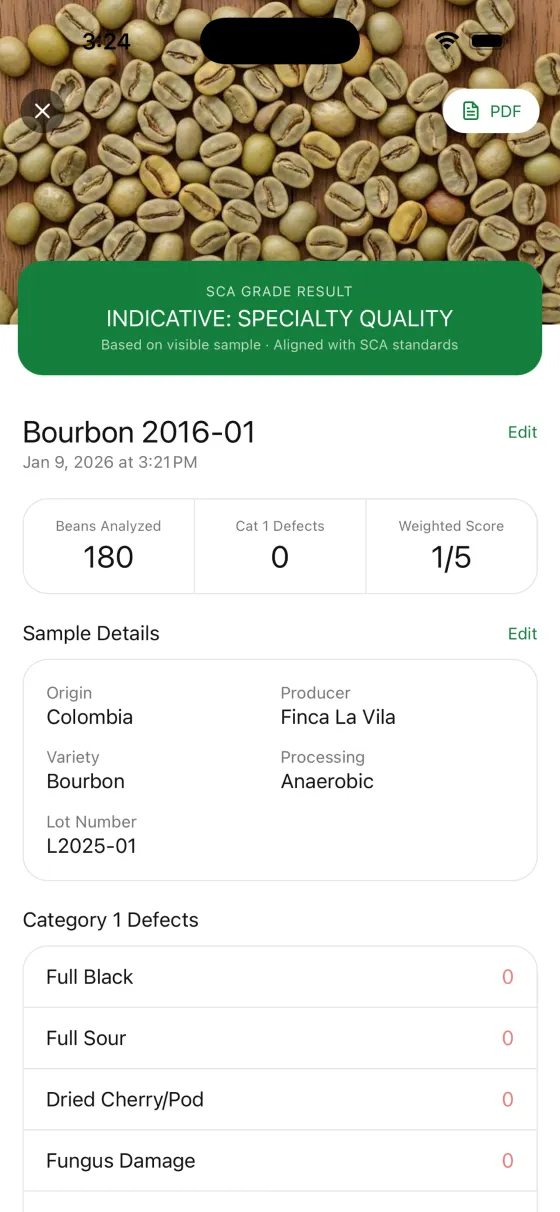 BeanGrader results screen showing SCA specialty grade analysis